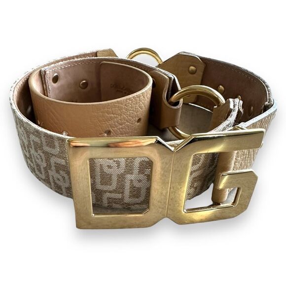 Dolce & Gabbana NWOT Y2K Tan Monogram Leather thick belt large Logo Gold Buckle - Picture 2 of 14